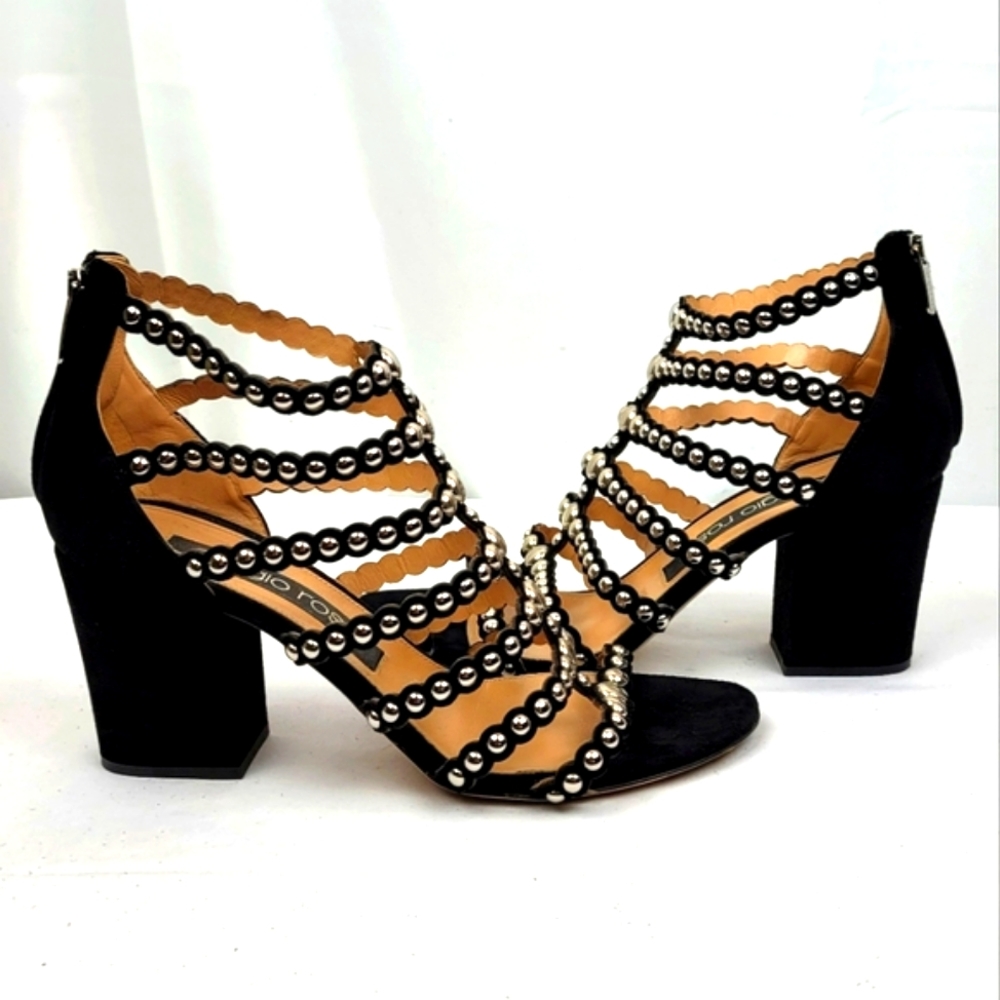 Sergio Rossi Black Strappy Studs Block Heels Sandals size 39 - Picture 3 of 11